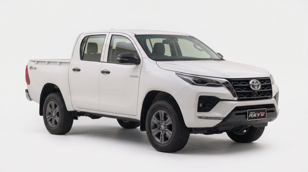 Toyota Hilux Revo, standard trim double-cab pickup, studio photograph on a plain background