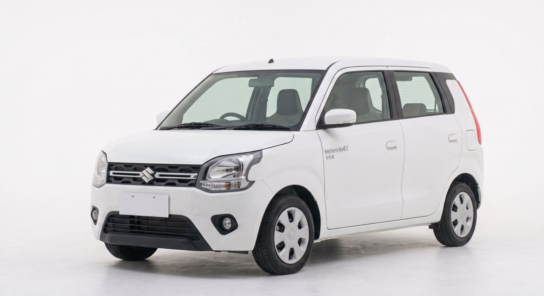 Suzuki Wagon R, white hatchback, studio photograph on a plain background