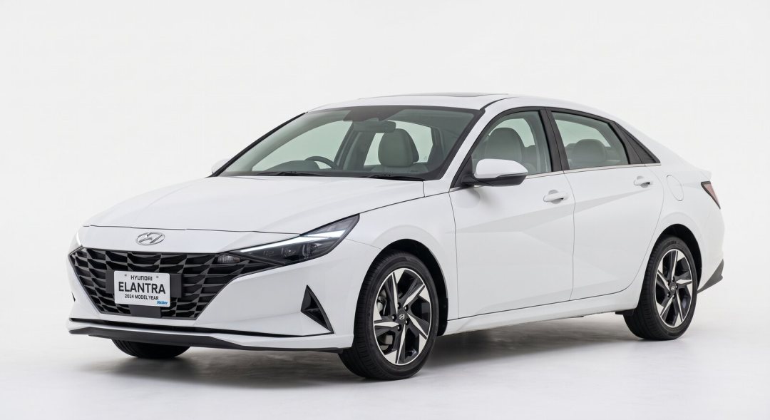 Hyundai Elantra, white saloon, studio photograph on a plain background