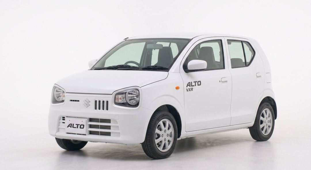 Suzuki Alto, white hatchback, studio photograph on a plain background