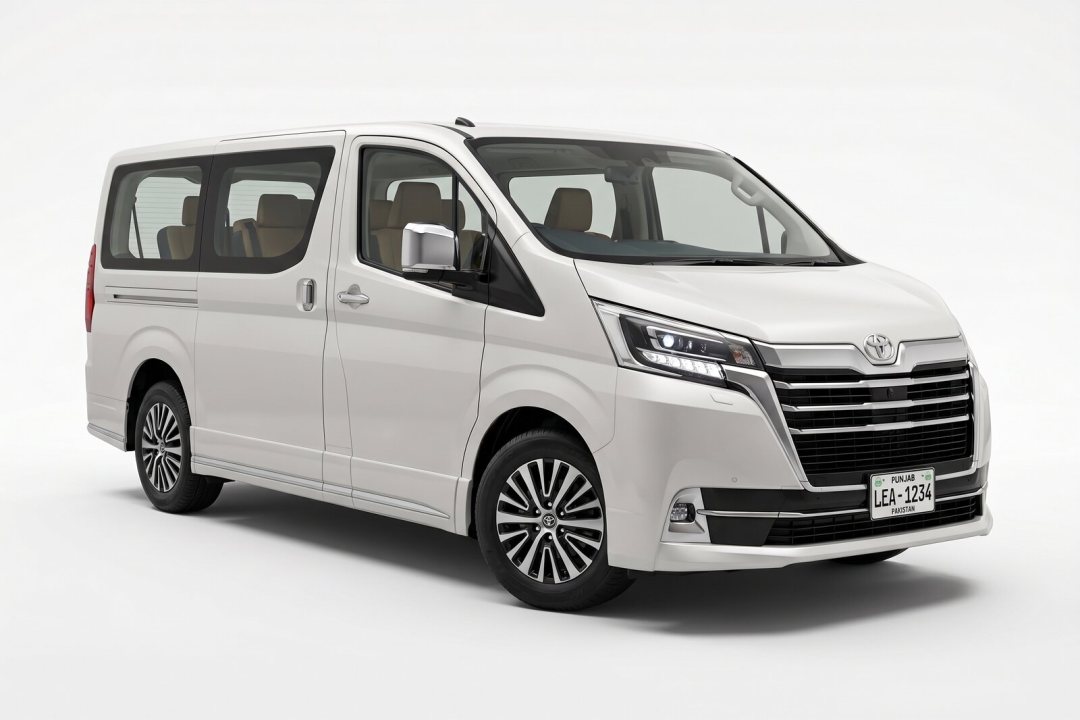 Toyota Granvia, white MPV, studio photograph on a plain background