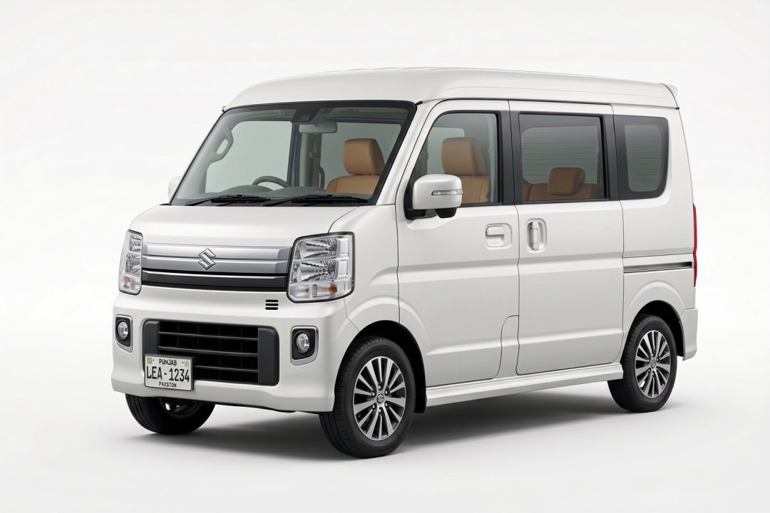 Suzuki Every, white 7-seat MPV van, studio photograph on a plain background