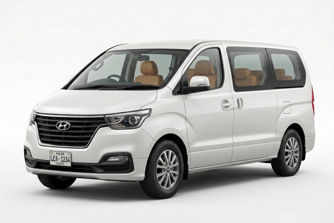 Hyundai Grand Starex H-1, white passenger van, studio photograph on a plain background